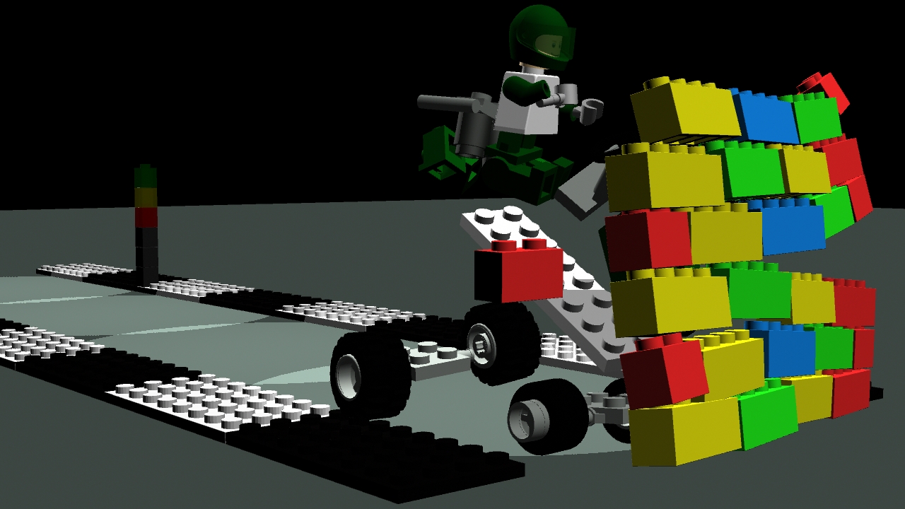 Lego car crashing into a lego wall.